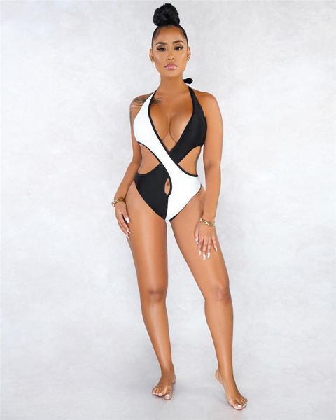 

fashion designer women bathing suit womens contrast color sling swimsuit tight stitching hollow out summer bikini, White;black
