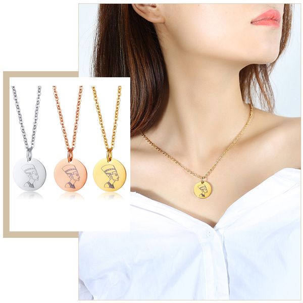 

vintage queen of egypt style coin necklaces for women simple stainless steel round pendants gifts jewelry, Silver