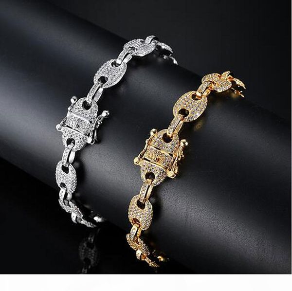 

14k gold plated marine link cz bling bling bracelets 9mm width 7inch 8inch cz link chain bracelet for men women, Black