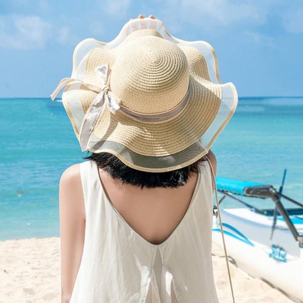 

sun hats for women bowknot ribbon lace up large brim straw hat elegant fashion outdoor beach hat summer caps chapeu feminino, Blue;gray