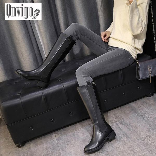 

boots qnvigo women high jean thick heel metal decoration riding equestrian knight black real leather western