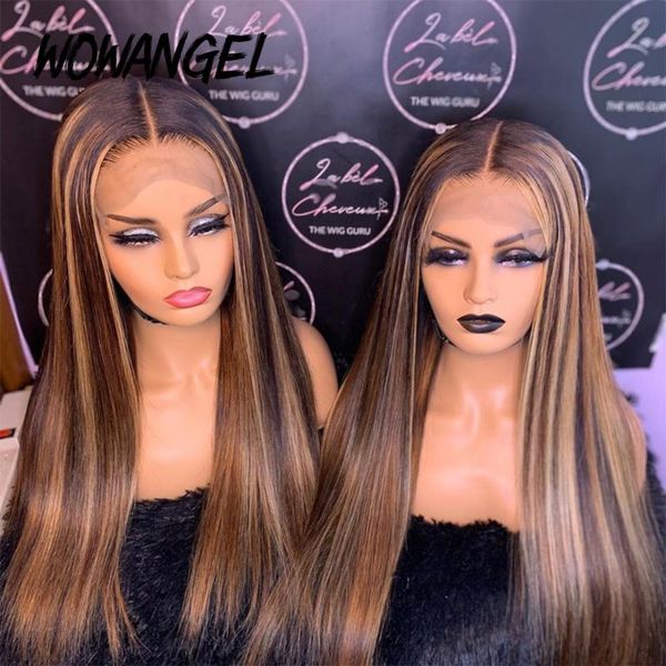 

13*6 highlight middle part lace front human hair wigs bleached knots pre plucked with baby hair 8-26 inches brazilian remy, Black;brown