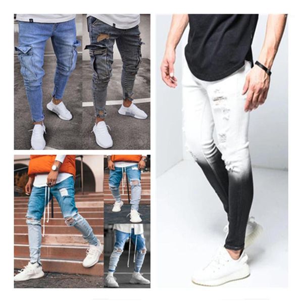 

skinny jeans fashion trend gradient foot zipper washed denim trousers designer male hiphop mid waist pencil pants men ripped stretch, Blue