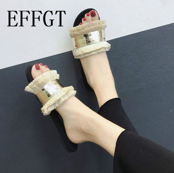 

effgt women sandal flip flops new summer fashion tassel shoes woman slides crystal lady casual slipper female flats slipper k366, Black