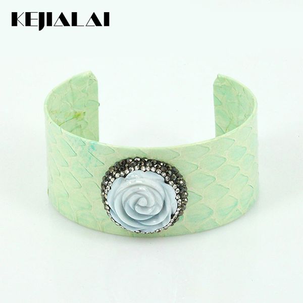 

bangle fashion python leather natural stone flower charm snake skin pave with rhinestone open cuff adjustable bracelet gift, Black