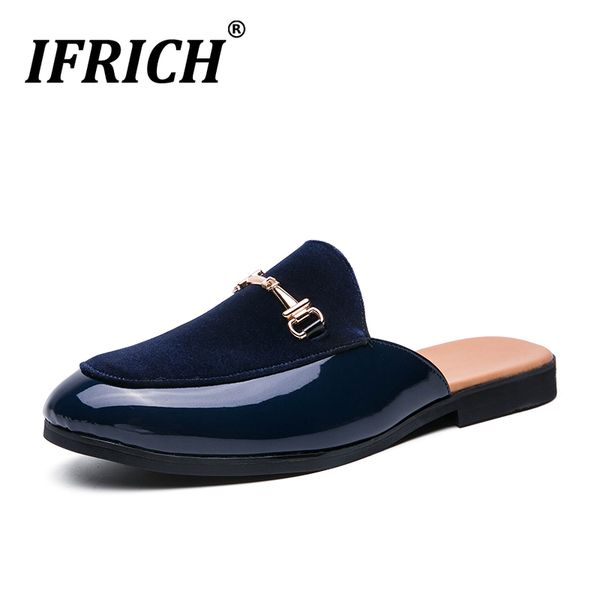 

half slippers man fashion men patent leather slip on shoe black blue men shoes half drag young casual shoe