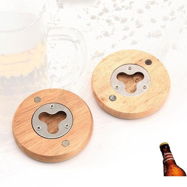 Nuova forma rotonda in legno Apribottiglie Sottobicchiere Magnete per frigorifero Decorazione Apribottiglie da birra Fabbrica all'ingrosso 250 pezzi / lotto