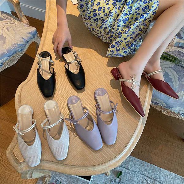 

summer slippers round toe slides round mid heels bow design solid color shallow slides elegant slip on fashion, Black