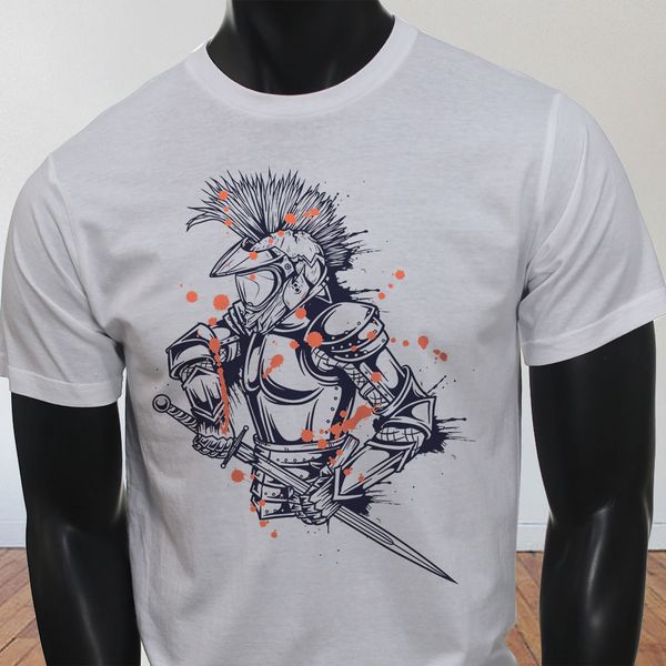 

new spring cotton mohawk helmet sword knight outline blood spill men's white t-shirt summer t-shirt