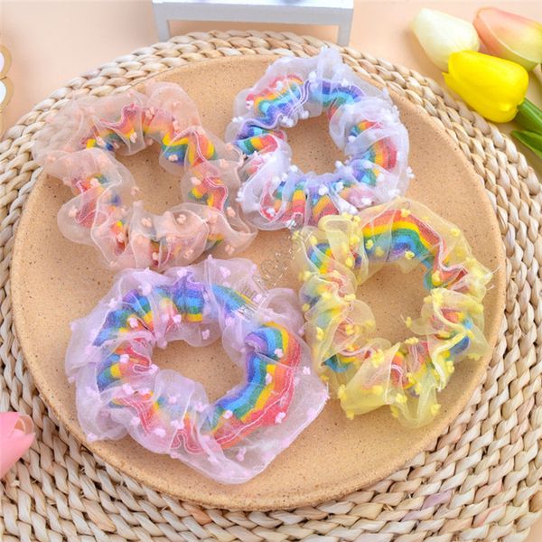 

2020 hair ring sweet lovely print rainbow large intestine ponytail scrunchies elastic bobble hairband women girl hair rope holder sale d9311, Slivery;white