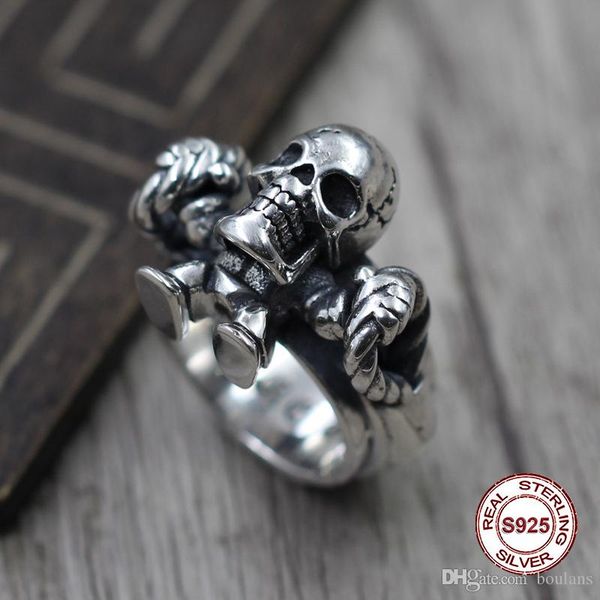 

s925 pure silver men's ring personality restoring ancient ways punk style skull and bones pop classic ring gift to your lover