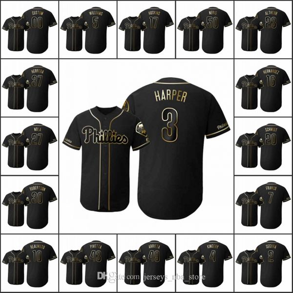 

philadelphia phillies men #3 bryce harper 27 aaron nola 20 mike schmidt women youth flex base golden edition custom jersey, Blue;black