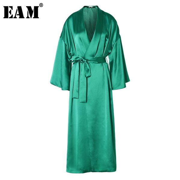 

eam] women green waist bandage lose long trench new lapel long sleeve loose fit windbreaker fashion spring autumn 2020 la867, Tan;black