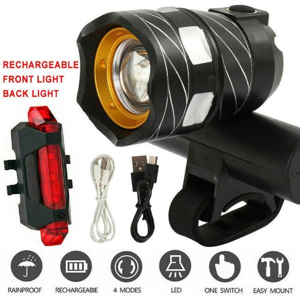 

t6 led mtb rear+front set 15000lm bicycle lights bike headlight usb rechargeable