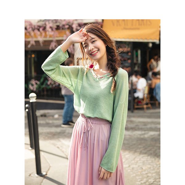 

inman v-neck slim literary embroidery retro fashion loose drop-shoulder sleeve women pullover, White;black