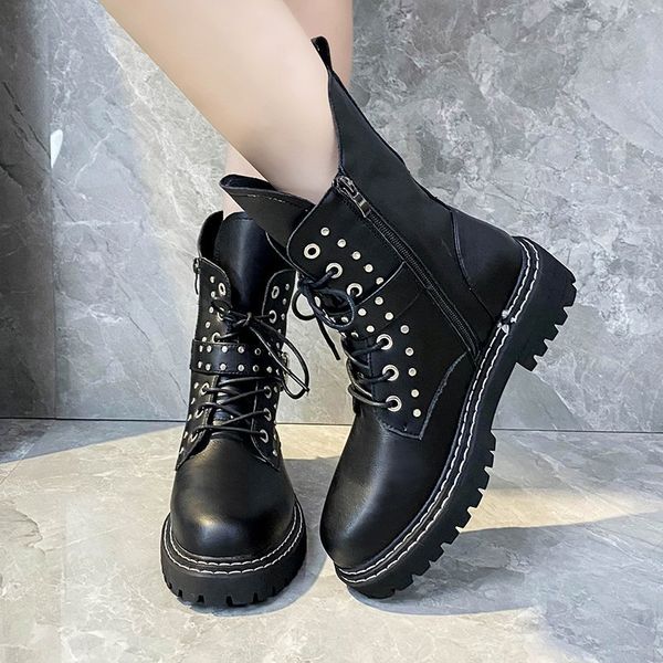 

2020 новая зима британский стиль женщины boots side zipper shallow противоскольжения botas mujer мода короткие труба толстом каблуке кожаные, Black