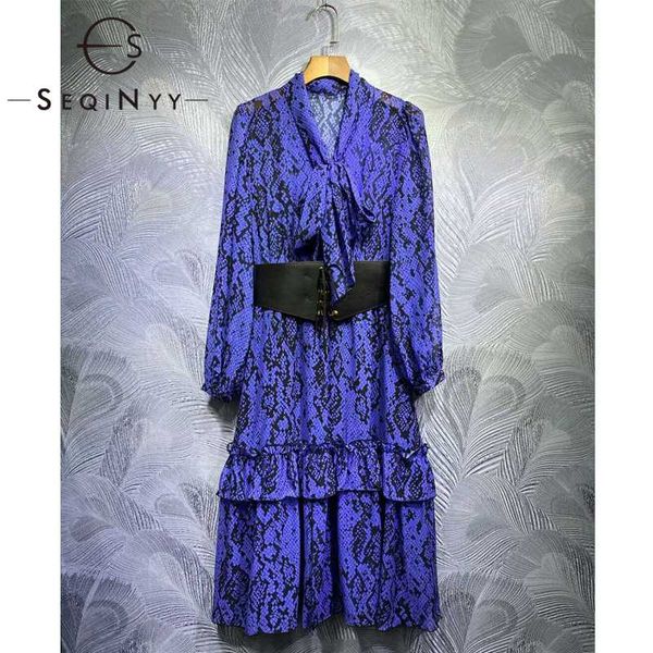

seqinyy chiffon dress 2020 summer spring new fashion design women long sleeve snake print ruffles blue midi dress runway, Black;gray