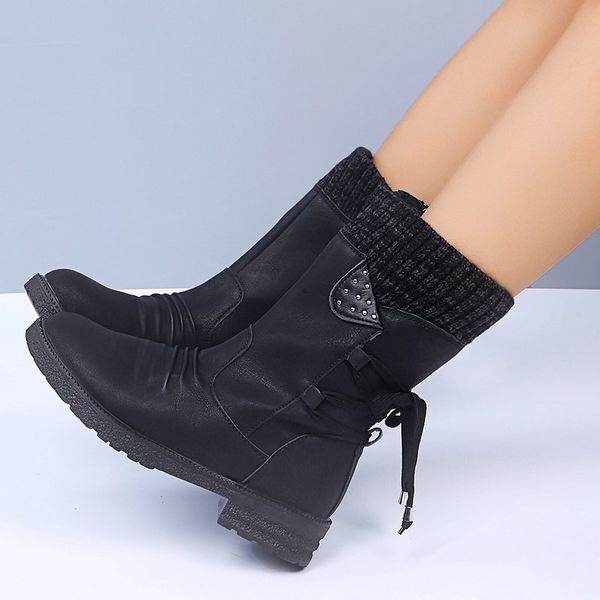 

2020 fashion shoes woman round toe mid-calf boots for women square heel combat boots for women flock zapatos de mujer, Black