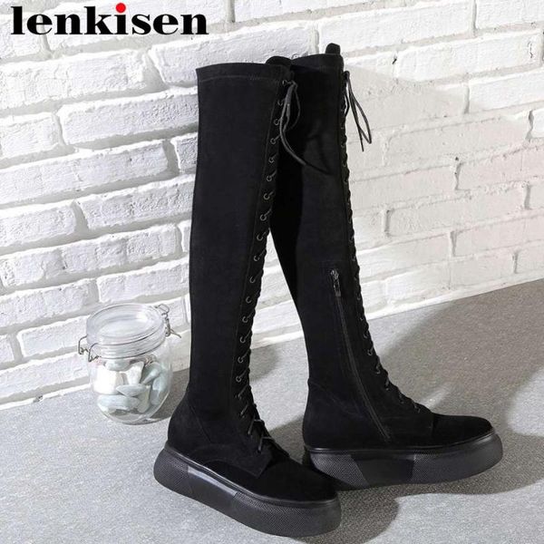 

lenkisen 2020 fashion mujer thick high bottom round toe natural leather zipper streetwear runway women over-the-knee boots l95, Black