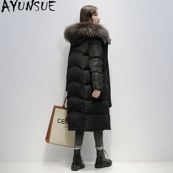 

ayunsue real raccoon fur collar hooded women's down jacket fashion female jacket white duck down coat female mujer parkas zjt259, Black