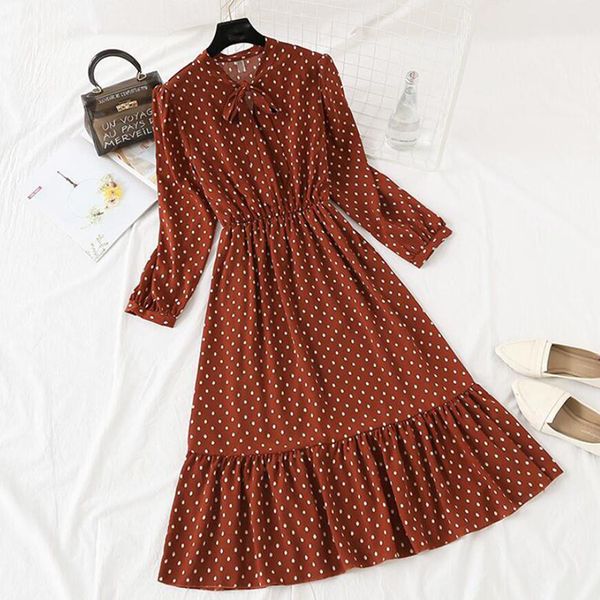 

casual dresses floral print chiffon dress 2021 women spring long sleeve ruffle pleated elastic waist vintage femme vestidos, Black;gray