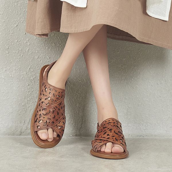 

women sandals retro flats sandals comfortable cow leather new original 2020 summer handmade genuine leather casual open, Black
