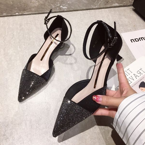 

kmeioo summer fashion jewel shoes woman pointed toe kitten heels ankle strap sandals bling dress shoes, Black