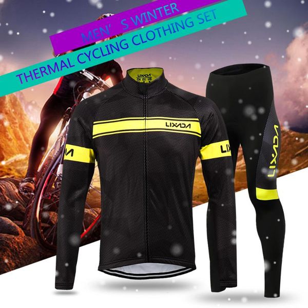 

lixada winter thermal fleece 2020 cycling set sportswear windproof jacket trousers outdoor sport suit men cycling clothing set, Black;blue