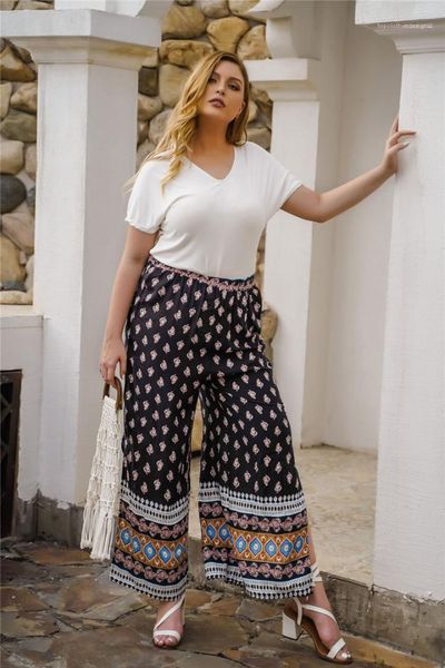 

capris high waist straight pants casual split womens pants fashion floral wide leg pants pluse size casual, Black;white