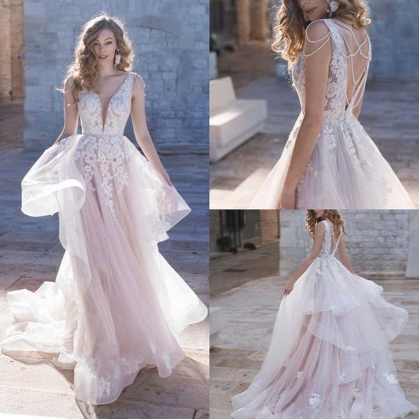 

naviblue 2021 wedding dresses v neck lace appliques beading bridal gowns custom made backless sweep train a-line wedding dress, White