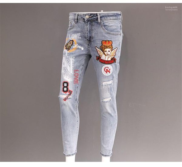 

personality street mens pants spring summer mens designer jeans fashion patchwork zipper fly washed ripped jeans, Blue