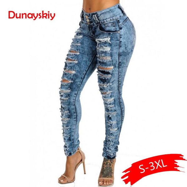

high waist jeans women skinny pencil pants casual blue ripped denim pants ladies jeans trouser plus size hollow out