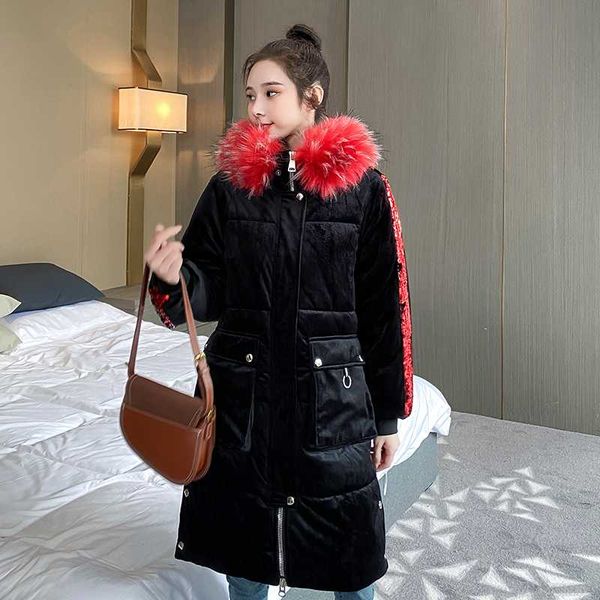 

women's down & parkas winter jacket x-long with sequins hooded striped woman plus size black thick fur collar casual coat female