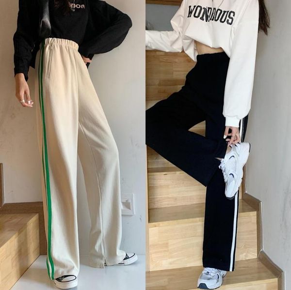 

women's pants & capris fashion 2021 fall polyester sports casual floor length with side stripes in solid color wide-leg, Black;white