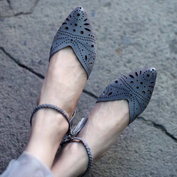 

artmu hollow out sheepskin casual sandals women shoes closed toe woman sandals genuine leather pointed toe chaussures femme, Black