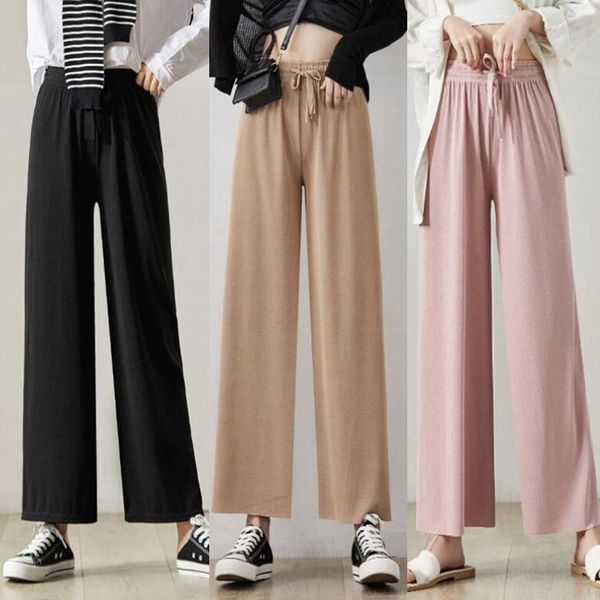 

women's pants & capris summer ice silk wide leg big yards loose pant fashion culottes elastic waist ankle-length casual pants#g3, Black;white