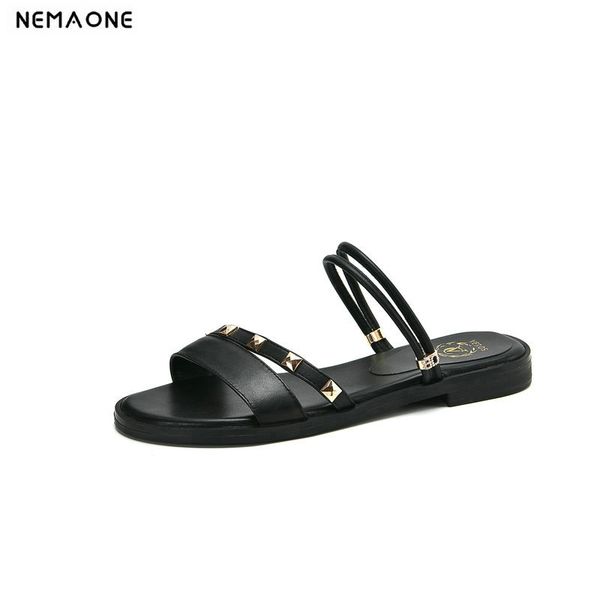 

2020 new womem genuine leather sandas fashion sweet round toe low heel women shoes ladies summer slip-on casual outdoor sandals, Black