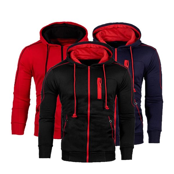 

running jackets mens fleece hoody sweatshirts autumn long sleeve jacket men casual cardigan zipper jogging thermal hoodies, Black;red