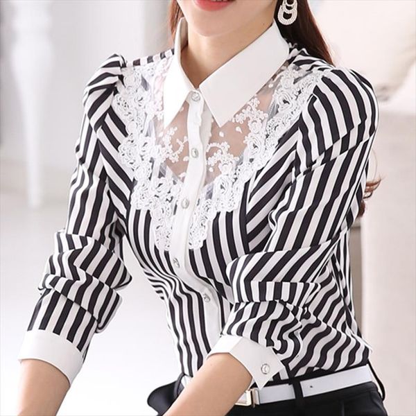 

stripe blouse women shirts lace hollow out blouses long sleeve large size slim office lady bottoming female clothing, White