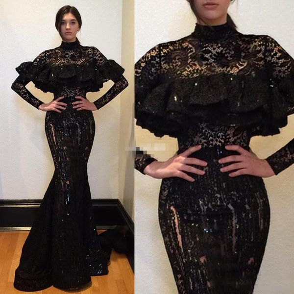

saudi arabia black lace prom dresses 2017 high neck long sleeves mermaid evening gowns see through women formal party dress