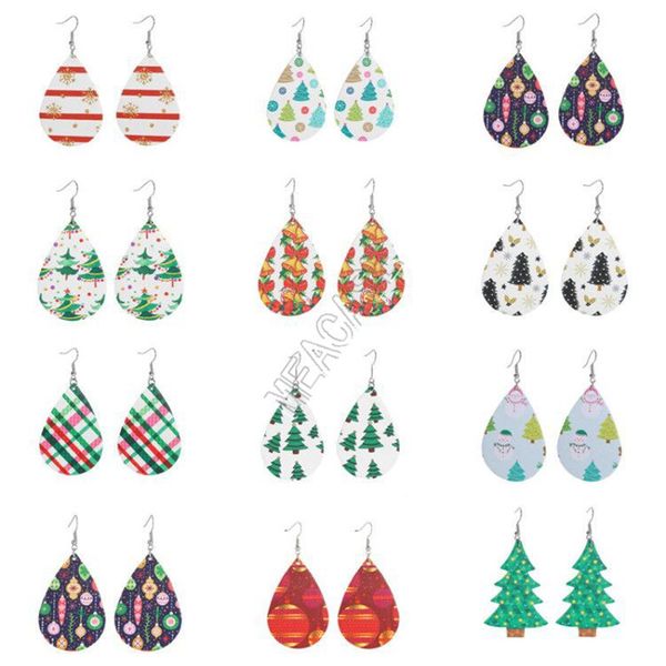 

women new pu leather earrings designers christmas tree bell christmas hat polka dot waterdrop earrings deer head long drop earrings d9209, Black;white