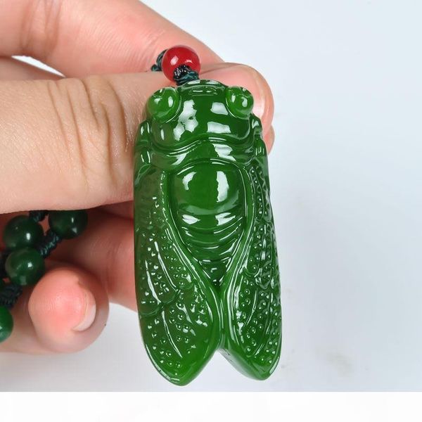 

chinese handcarved 100% natural nephrite green jade cicada pendant necklace, Silver
