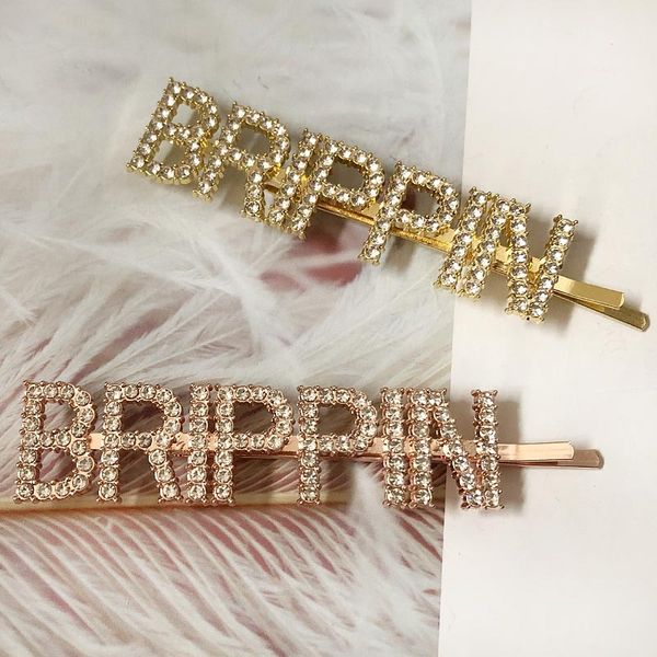 

2020 new fashion rhinestone hairpin capital letter brippin sweet cute style alloy letter hairpin clip bangs clip for sale, Golden;silver