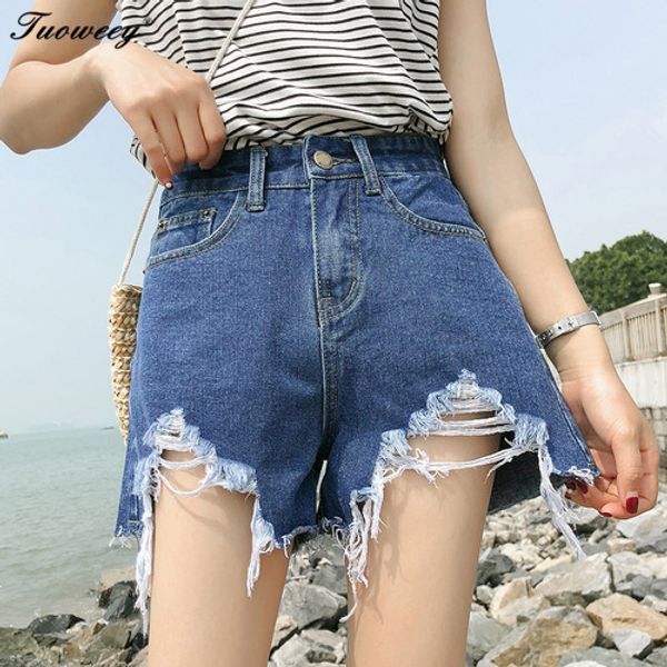 

2020 new arrival casual summer denim women shorts high waists fur-lined leg-openings plus size short jeans, Blue