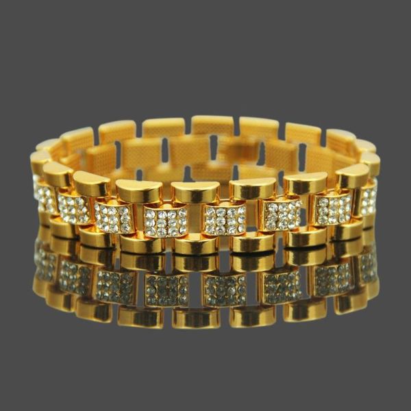 

fashion simulate rock style hiphop jewelry men bracelet gold rhinestone iced out zirconia watch band bracelet, Black