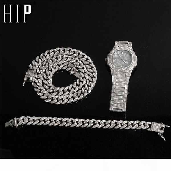 

серебряное ожерелье + часы + браслет хип-хоп майами снаряженная кубинский chain gold full iced out асфальтовая стразы cz bling для мужчин юв, Silver
