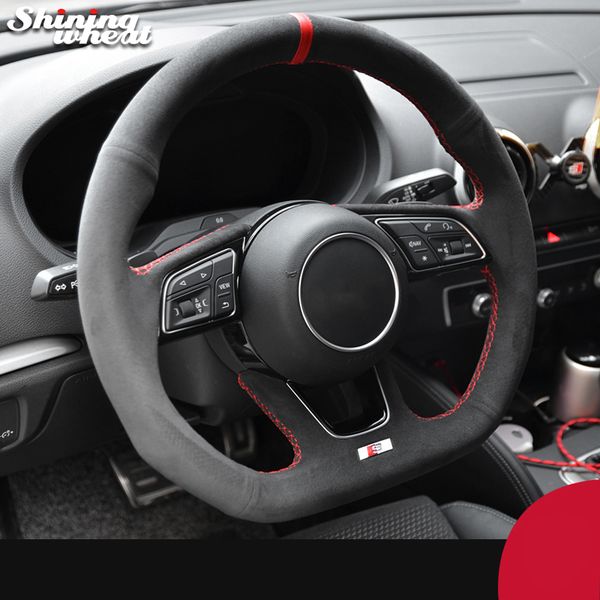 

black alcantara hand-stitched car steering wheel cover for audi a3 (8v) a4 (b9) avant a5 (f5) a1 (8x) sportback q2 2016-2019