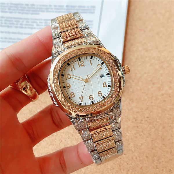 

daydate men quartz watch vintage fashion pattern automatic date 40mm oval royal stainless steel flash men watches, Slivery;brown