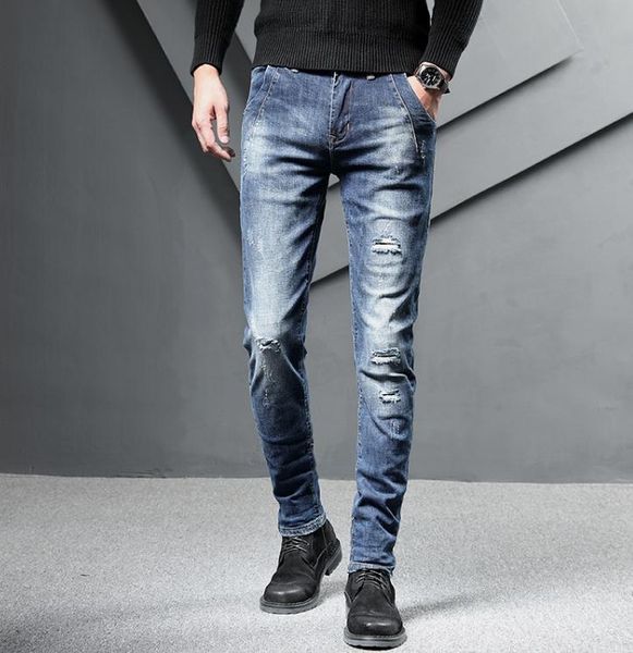 

2019 mens jeans autumn new fashion trend slim handsome elastic men casual ripped straight small feet denim pencil pants, Blue