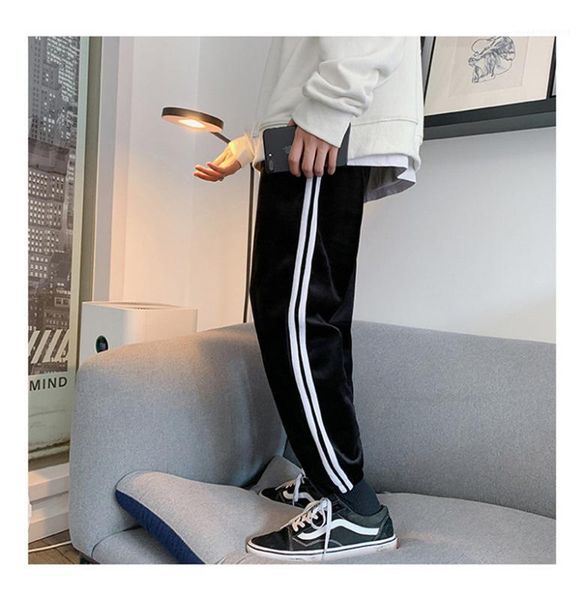 

fashion mens pants high street loose sport style striped drawstring full length active hip hop pants designer, Black